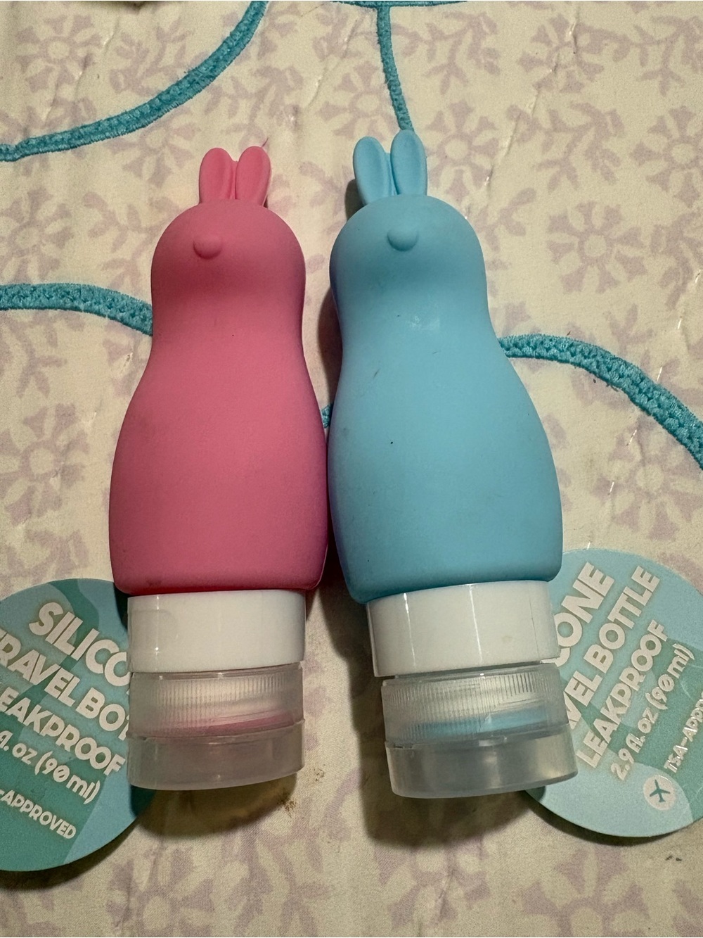 Silicone Travel Bottle Duo - Pink and Blue Rabbit Design